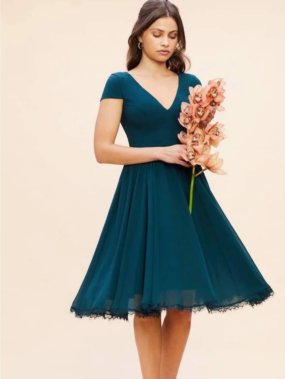Dress the Population Deep Teal V-Neck Midi Fit-and-Flare Dress